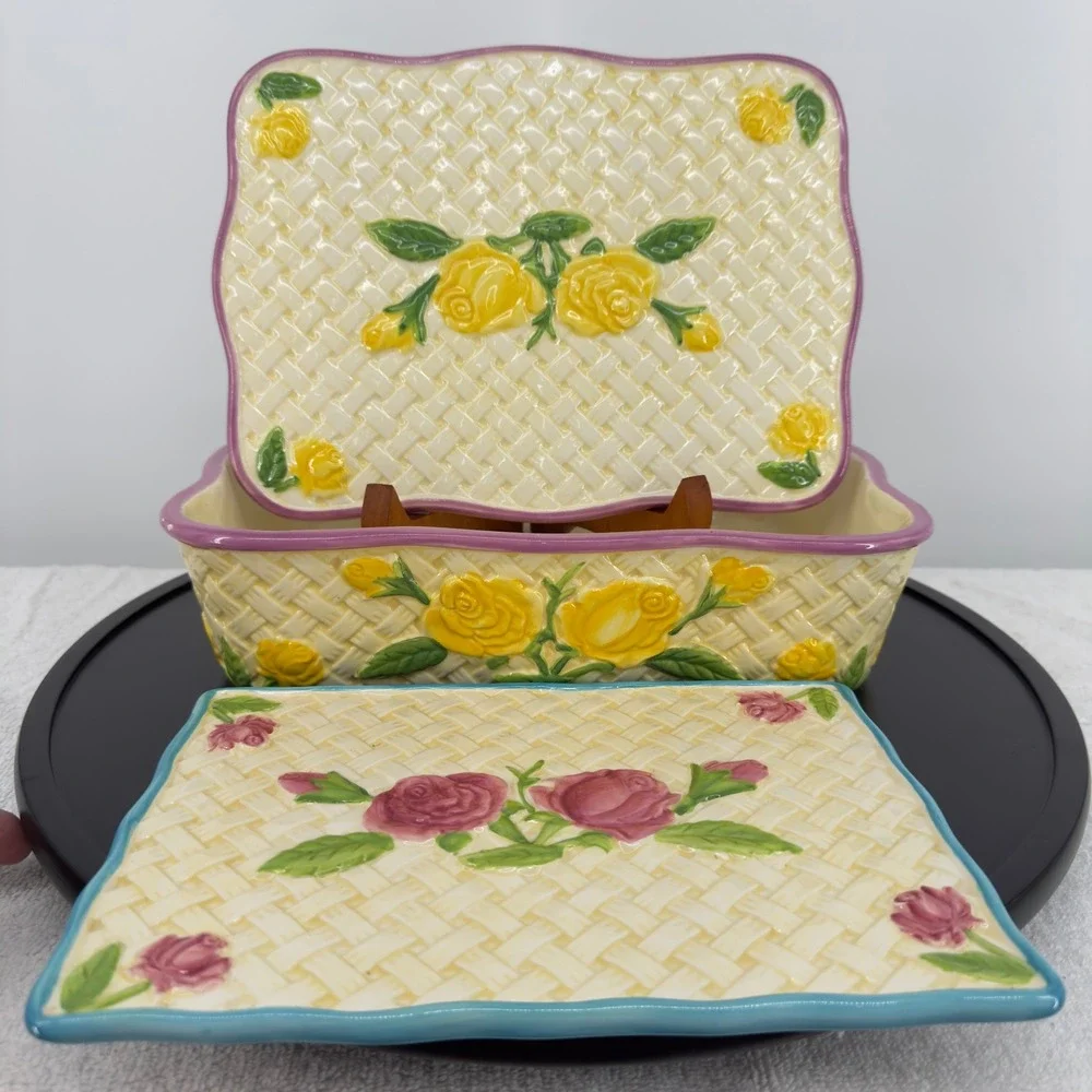 Temp-tations by Tara Floral Basketweave Casserole & Trivet Set Yellow Pink Rose